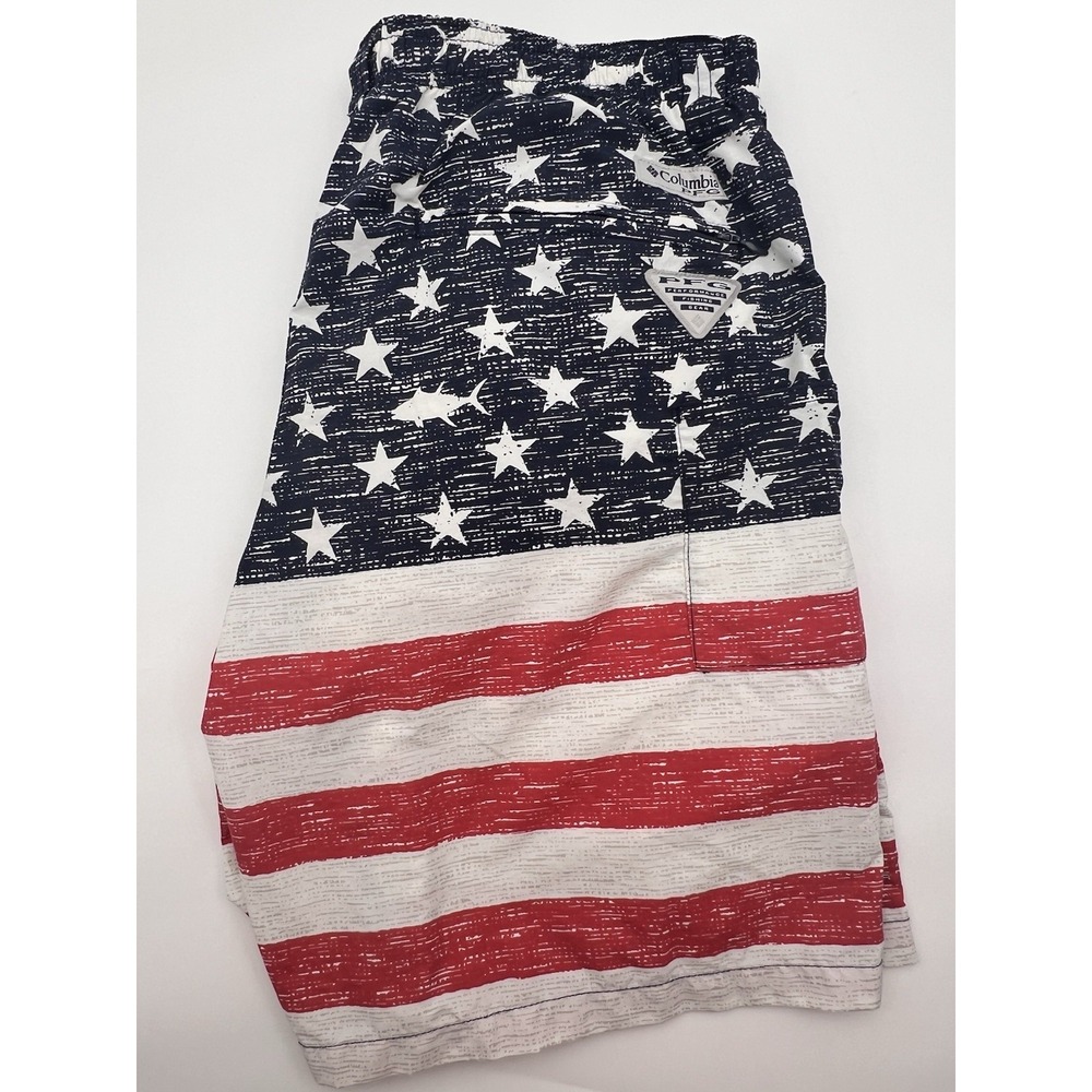 Columbia PFG‎ Swim Trunks/suit Men's M Red White Blue USA Flag 8" Inseam Lined